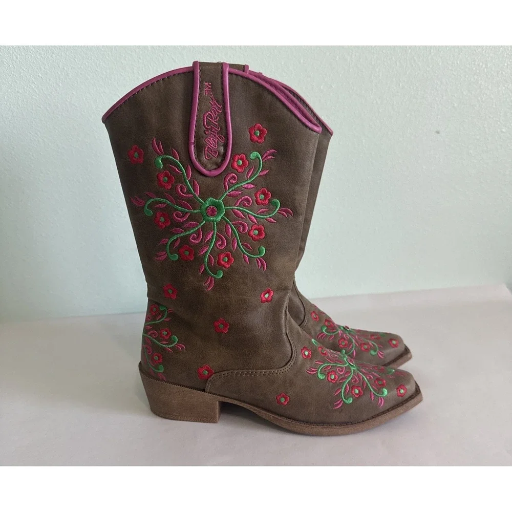 Blazin Roxx Youth Sz 1 Pink Floral Brown Side Zip Snip Toe Western Cowboy Boots